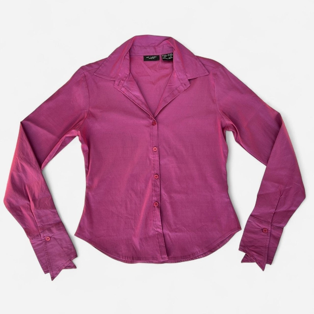 At Last Stretch Pink Iridescent Matte Satin Button Up Blouse Medium